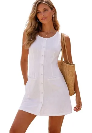 Paper Heart Sleeveless Linen Shirt Dress White Button Up Mini Sundress Coastal Preppy Size S thumbnail 1