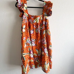 Anthropologie Kourt Aria Linen Tropical Short Dress Pockets Fruit Bird Medium thumbnail 9