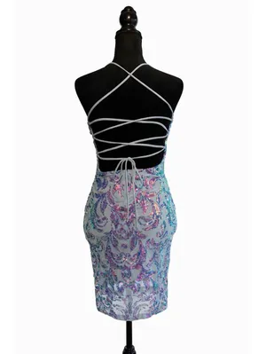 Windsor Sequin Bodycon Mini Dress Womens Light Blue Lace Up Open Back Y2K Size S thumbnail 2