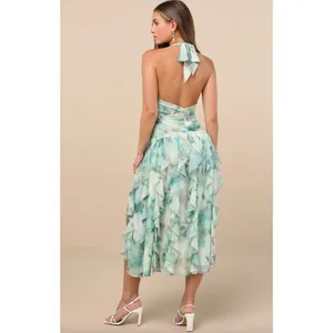 Lulus Febe Teal Green Multi Abstract Halter Ruffled Midi Dress Party XL NWT thumbnail 3