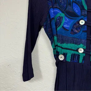 Vintage Blue Crepe Midi Dress Womens 8 80s Embroidered Short Sleeve Green Fall thumbnail 10
