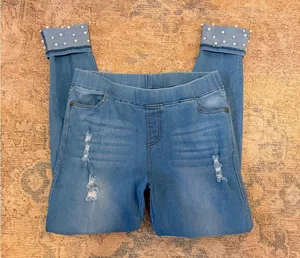 JVINI NWOT High Rise Distressed Jeggings with Pearl Cuffs thumbnail 1