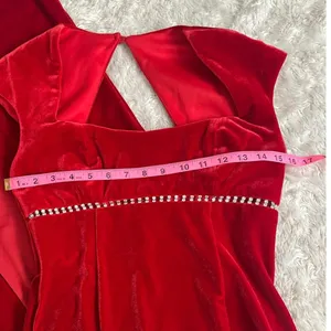 Vintage 90s Sz 4 Red Velvet Rhinestone Empire Waist Cap Sleeve Maxi Dress Gown thumbnail 6