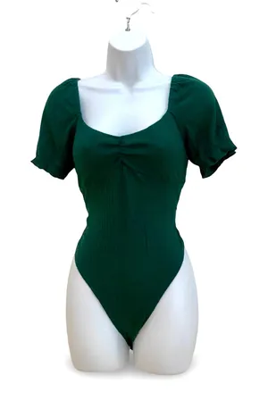SHEIN Frilled Puff Sleeve Ruched Bust Rib-knit Bodysuit thumbnail 1
