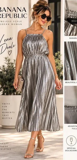 Banana Republic Metallic Silver Pleated Midi Dressy Womens Sz 10 thumbnail 1