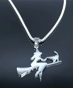 Witch Broom Cat Pendant Necklace Women Witchcraft Silvery Color Hollow Out‎ thumbnail 1