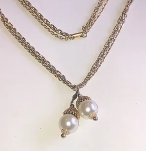Vintage Gold Tone Double Faux Pearl Drop Necklace thumbnail 1