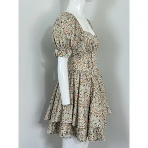 Women Floral Puff Sleeve Mini Dress Cottagecore Milkmaid Boho Corset Waist S thumbnail 3