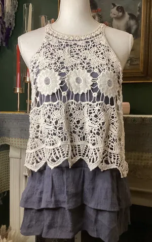 Entro Women Blue Tiered Ruffle Crochet Lace Halter Top T4462 Large thumbnail 1