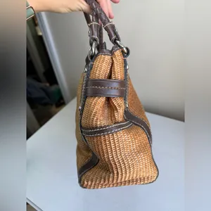Vtg Fossil Raffia & Brown Leather Braided Handles Boho Spring Satchel thumbnail 6