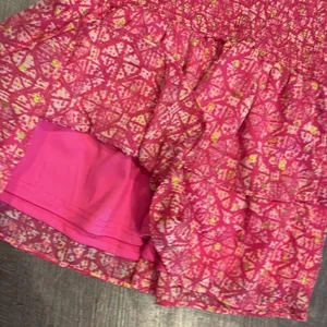gold and fuchsia, print, smock, ruffle, mini dress thumbnail 7