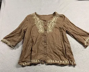 Burette Club Brown Embriodered Neckline & Sleeve Cottagecore Boho Button Blouse thumbnail 1