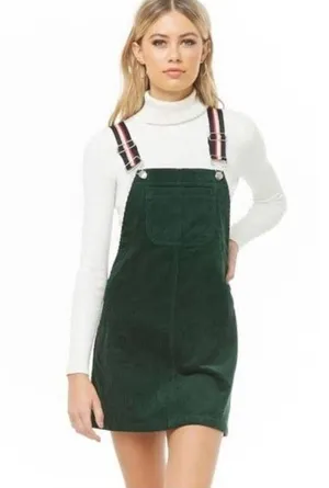 Nwt forever 21 striped strap corduroy overall dress green size large thumbnail 2