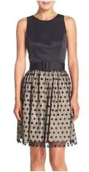 Eliza J Cocktail Dress Womens 6 Black Tan Excellent Sequin Polka Dot Belted thumbnail 1