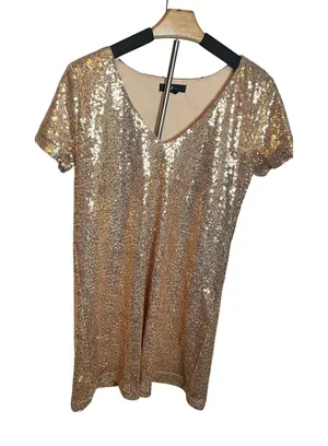 Lulus Womens Gold Sequin V-Neck Short‎ Sleeve Mini Shift Party Dress Size M thumbnail 1