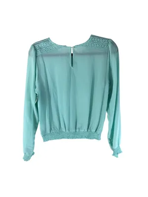Socialite Womens Top Sheer Long Sleeve Shirred Gathered Hem Crochet Aqua Blue M thumbnail 2