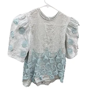 Vintage Blouse Cottagecore Sage Green Lace Applique Puff Sleeve Small‎ thumbnail 1