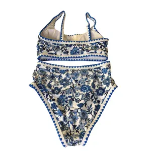 Blue White Floral Chintz Ric Rac High Waisted Bikini‎ Swimsuit Size Smal New thumbnail 3