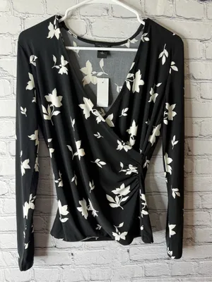 NWT Ann Taylor Black Floral Wrap-Front Long Sleeve Top small thumbnail 5