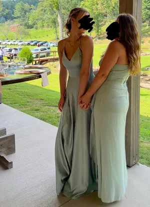 David's Bridal Sage Spaghetti Strap Satin Bridesmaid Dress thumbnail 2