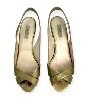 PRADA | US 8.5 / IT 38.5 | Metallic Gold Leather Peep-Toe Slingback Pumps thumbnail 9