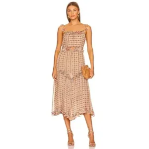 MISA Los Angeles Nita Midi Ruffle Dress in Flora Tile Mix Green and Pink Size M NWT thumbnail 4