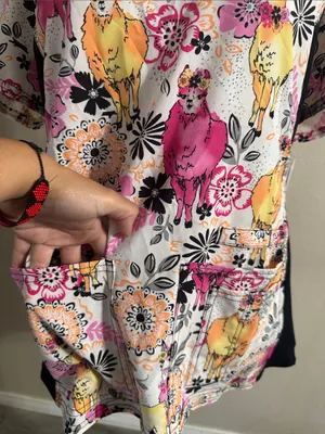 Cherokee V-Neck Scrub Top in Pink, Yellow & Black Floral llama Print thumbnail 3