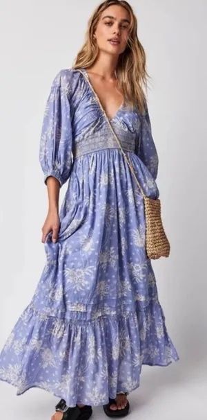 Free People Golden Hour Maxi Dress Women's Small Blue‎ Floral Boho Smocked thumbnail 1