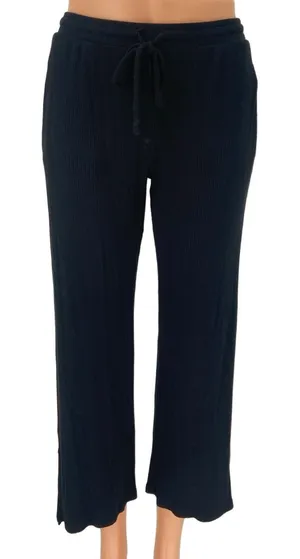 Aqua Black Ribbed Mid Rise Drawstring Cropped Relaxed Lounge Sweat Pants Size S thumbnail 1