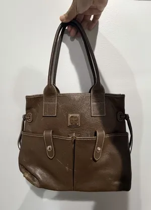 Dooney & Bourke June Brown Pebbled Leather Double Pocket Cinch Shoulder Purse M thumbnail 1