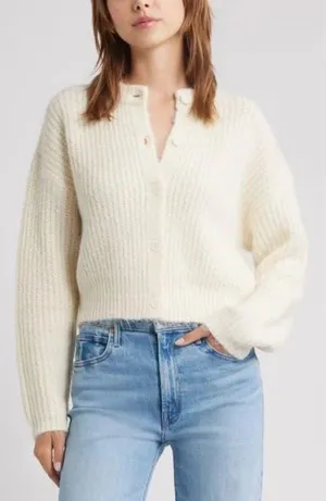 Nordstrom Open Edit Fuzzy Crewneck Cardigan in Ivory Size Small thumbnail 1