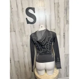 Gray Athletic Hooded Top Women Small Long Sleeve Fitted Workout Hoodie Stretch thumbnail 4