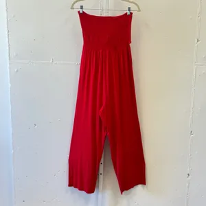 Venus Red Strapless Smocked Tie Front Wide Leg Jumpsuit Small Pockets Soft thumbnail 3