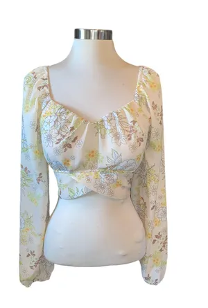 crop top blouse long sleeve square neck ties in back padded Sz large thumbnail 1