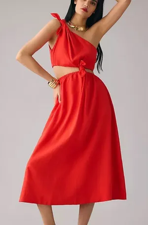 FARM Rio size medium linen Bold Red cut out midi dress knot thumbnail 1