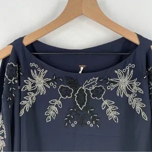 Free People Navy Blue Floral Beaded Embroidered Chiffon Dolman‎ Sleeve Dress M thumbnail 2