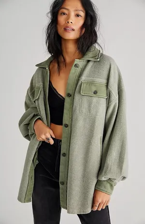 Free People Ruby Oversized Green Shacket Shirt Jacket Distressed Cotton thumbnail 1