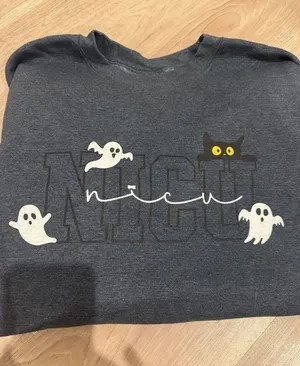 Gildan NICU Ghost & Black Cat Graphic Sweatshirt thumbnail 1