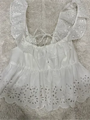 Zara White Textured Eyelet Ruffle Tank Top Cottagecore Cotton Size Large NWOT thumbnail 1