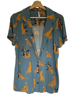 Soma button down pajama top soft short sleeves leopards big cats women L rayon thumbnail 1