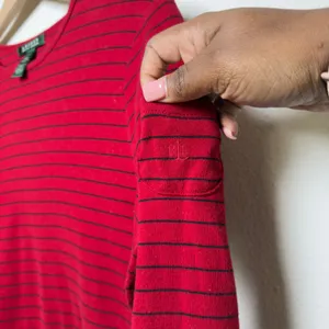 Lauren Ralph Lauren Women Cotton Top M Red Striped Long Sleeve Pocket‎ Preppy thumbnail 4