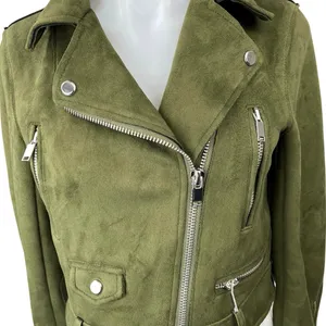 Zara Olive Green Suede Asymmetrical Zip Up Crop Moto Biker Jacket Blazer Coat XS thumbnail 3