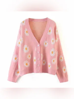 SheIn Hot pink Daisy floral print open front button cardigan sweater thumbnail 2
