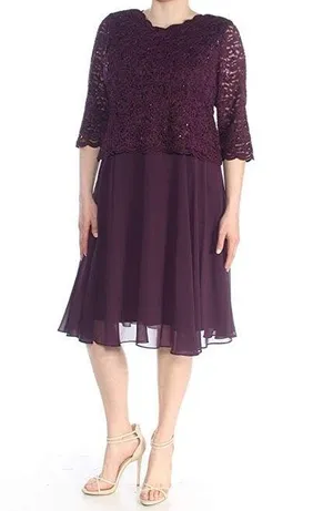 Alex Evenings Womens Size 12 Tea-Length Lace Mock Special Occasion Dress, Deep Plum, Reg $450.15 thumbnail 4