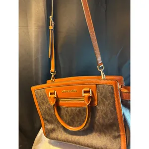 Michael Kors Signature Logo Satchel Brown Leather Trim Crossbody Bag thumbnail 8