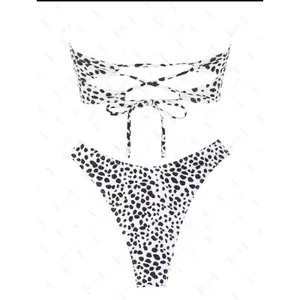Zaful dalmation print bikini set Bandeau lace up top high cut bottom size 6 thumbnail 2