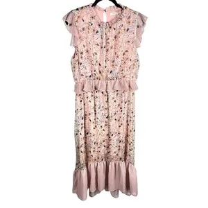 Ellison Pink Floral Polka Dot Mixed Print Ruffle Tiered Midi Dress Size L thumbnail 2