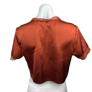 Princess Polly Brown Silk Satin Vintage Short Sleeve Tie Up Cropped Top Size 6 thumbnail 2