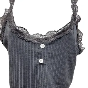 Y2K Women Coquette Grunge Ribbed Lace‎ Trim Tank S Grey Henley Fairy Crop Top thumbnail 3