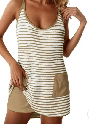 Lpkrt Stylish sleeveless dress with tan and white stripes. Features convenient pockets. thumbnail 1